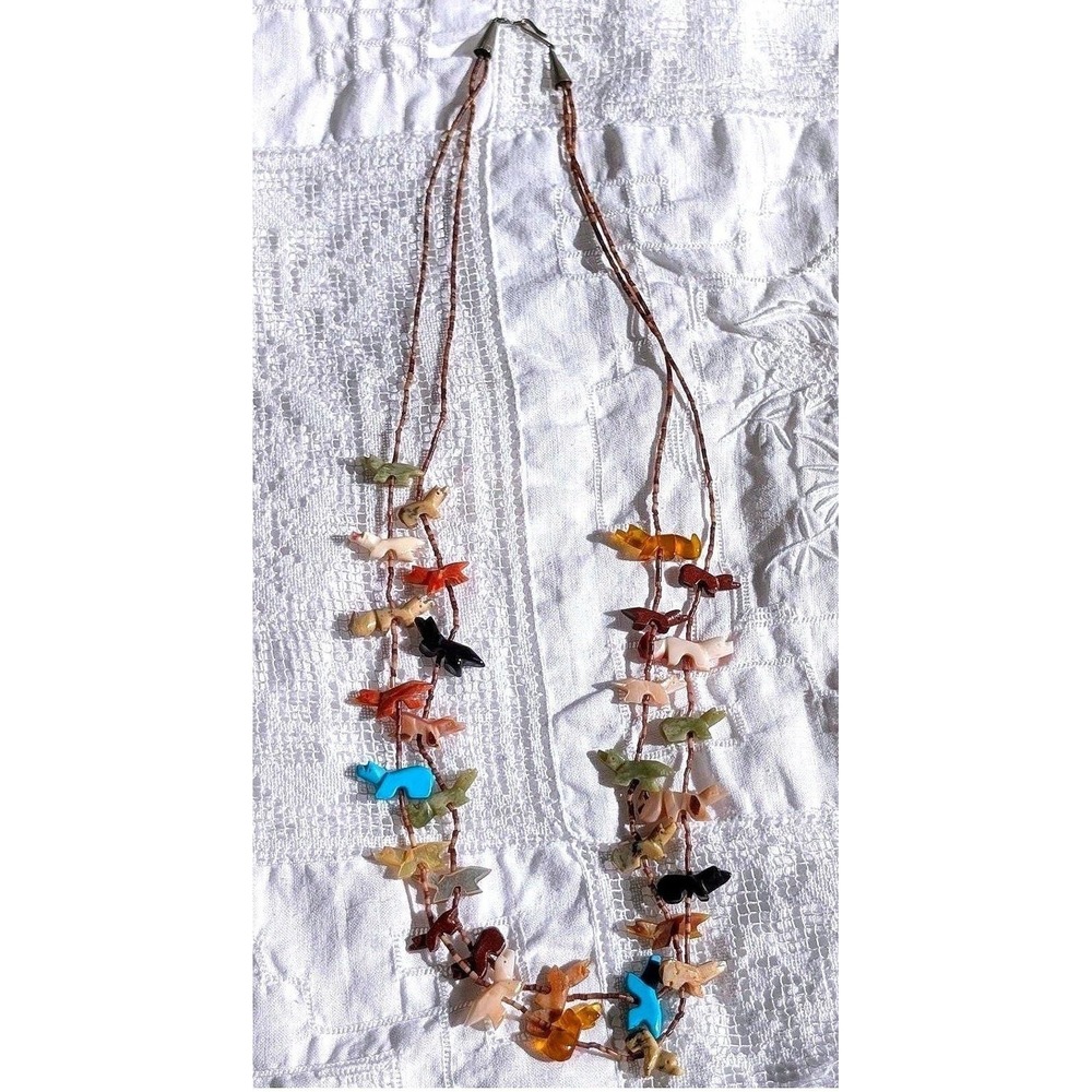 Vintage Zuni Fetish Necklace 2 Strand Sterling Multi Stone Animal Heishi Bead